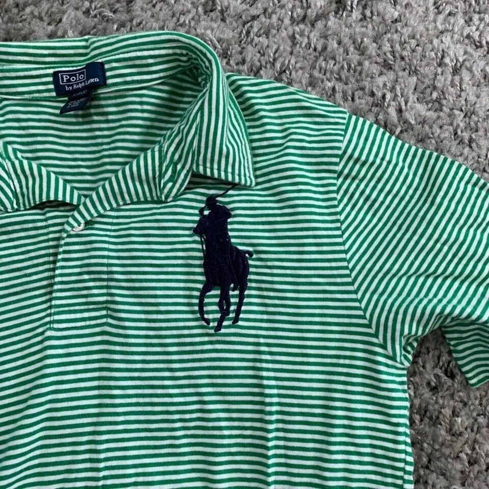 Polo Ralph Lauren Kids XL 18-20 Green White Striped Big‎ Pony Polo Shirt